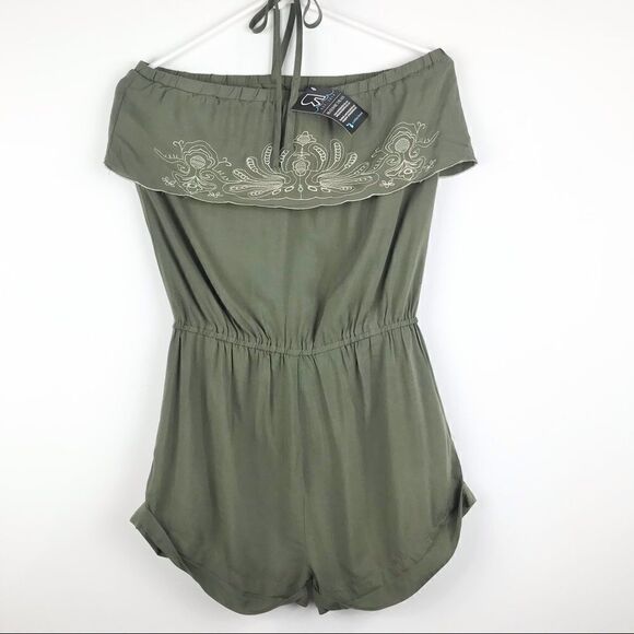 NEW Akualani Olive Green Sleeveless Halter Romper with Embroidery - Picture 1 of 16